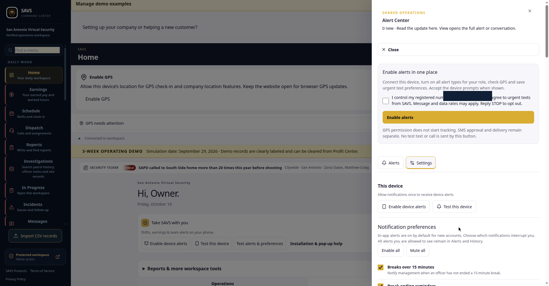 Guard Command HQ — Your alert settings, Enable alerts in one place, consent checkbox