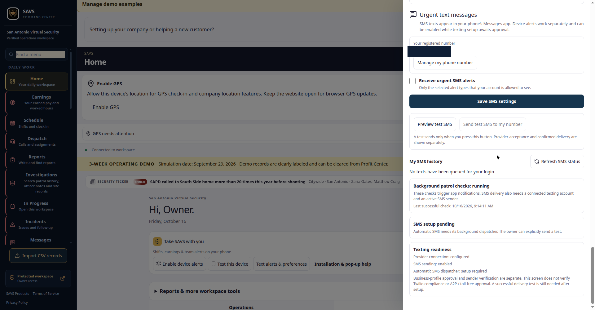Guard Command HQ — Urgent text messages settings with registered number and Receive urgent SMS alerts checkbox